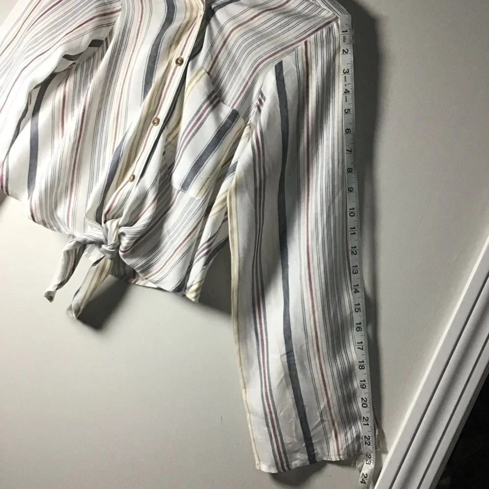 Free People multi colored stripe Tie-Front blouse Button Shirt pocket XL